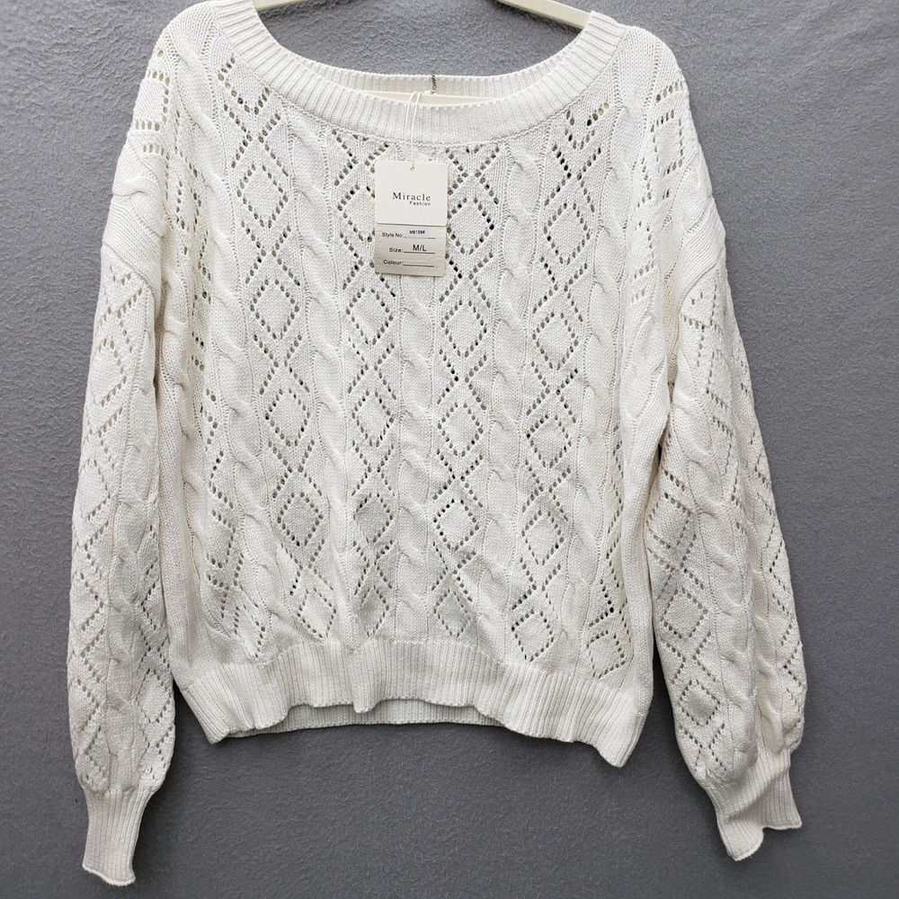 Diamond Stitch Open Pointelle Knit Pullover Sweater White Coquette Feminine M/L